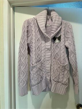 Sanrio Lavender Cable Knit Shawl Collar Cardigan with Kuromi Patch
